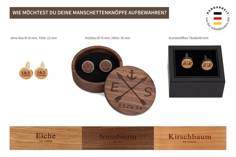 Wooden cufflinks personalized with initials and date engraving, gift for groom, black with wood walnut, cherry, oak image 2