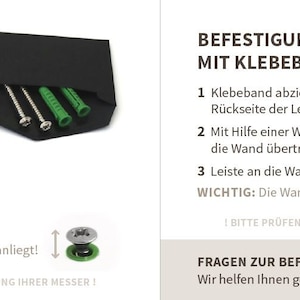 May include: Instructions for installing a wooden shelf using screws and dowels or adhesive tape. The image shows a wooden shelf, screws, dowels, adhesive tape, and a level. The text in the image reads: "BEFESTIGUNG MIT SCHRAUBE & D&Uuml;BEL" and "BEFESTIGUNG MIT KLEBEBAND".
