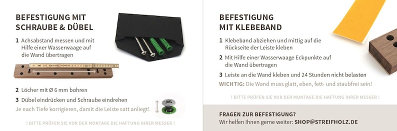 May include: Instructions for installing a wooden shelf using screws and dowels or adhesive tape. The image shows a wooden shelf, screws, dowels, adhesive tape, and a level. The text in the image reads: "BEFESTIGUNG MIT SCHRAUBE & D&Uuml;BEL" and "BEFESTIGUNG MIT KLEBEBAND".