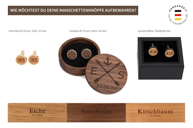 Wooden cufflinks personalized with initials and date engraving, gift for groom, black with wood walnut, cherry, oak image 3