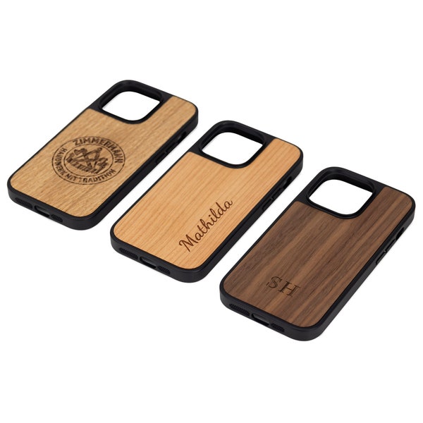 iPhone Hülle aus Holz mit Gravur personalisiert, iPhone 15, 14, 13, Pro, pro Max, Plus, mit Logo, Namen, Initialien individuell graviert