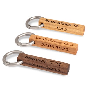 Keychain made of wood personalized with coordinates, name, engraving, letters, family pendants, pendant with leather cord