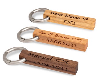 Keychain made of wood personalized with coordinates, name, engraving, letters, family pendants, pendant with leather cord