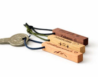 Wooden Keychains, Personalized with Custom Engraving, Keyrings or Leather Strap, Many Designs and Wood Types to Choose From