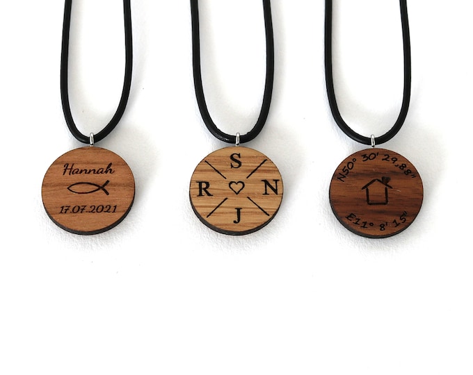 Halskette aus Holz mit Gravur personalsiert, viele Motive zur Auswahl, mit Lederband