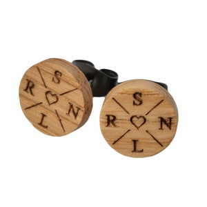 Wooden stud earrings with engraving and initials of your family, individually personalized Earring with engraving image 4