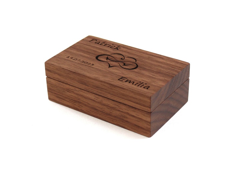 Wooden wedding ring box personalized with engraving Nussbaum