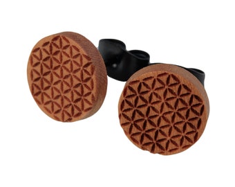 Oorknopjes "Flower of Life" gemaakt van hout met verschillende motieven om uit te kiezen, oorbel met gravering