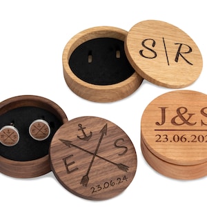 Wooden cufflinks personalized with initials and date engraving, gift for groom, black with wood walnut, cherry, oak image 5