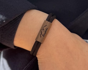 Segeltau Armband personalisiert aus Holz mit Gravur – Gestalte dein Armband - Wunschgravur und viele Motive, wie Berge, Herz, Anker, Fisch..