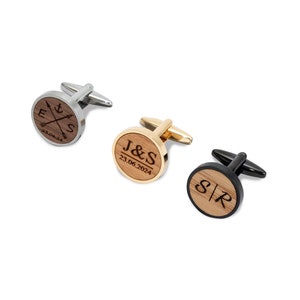 Wooden cufflinks personalized with initials and date engraving, gift for groom, black with wood walnut, cherry, oak image 4