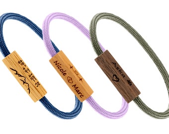 Bracelet en bois personnalisé, gravure de noms & motifs, fermoir magnétique caché, différentes couleurs, en bracelet et collier