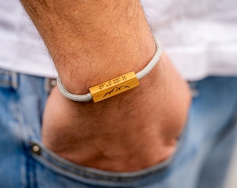 Men's bracelet made of sailing rope with wood, concealed magnetic clasp, various colours and types of wood, as bracelet and necklace with engraving