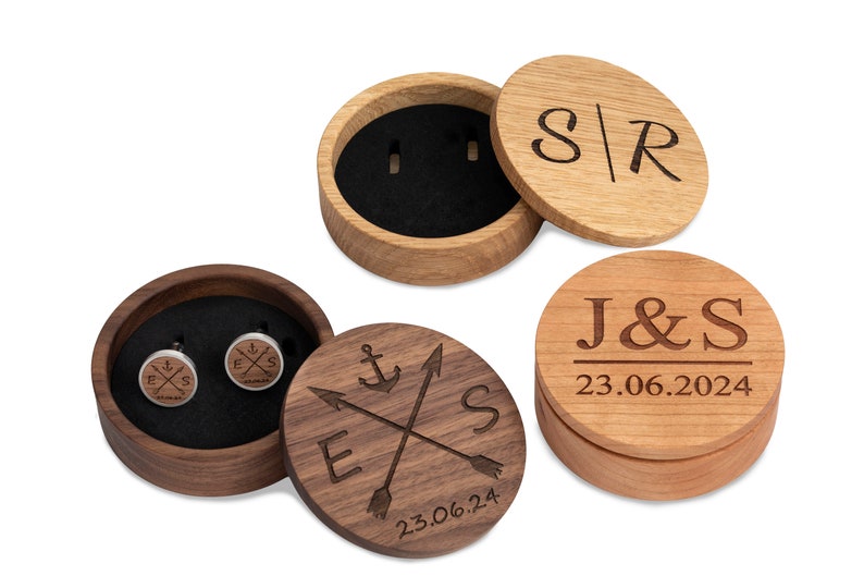 Wooden cufflinks personalized with initials and date engraving, gift for groom, black with wood walnut, cherry, oak image 6