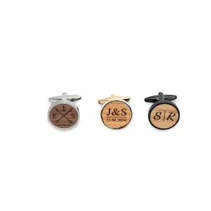 Wooden cufflinks personalized with initials and date engraving, gift for groom, black with wood walnut, cherry, oak image 8