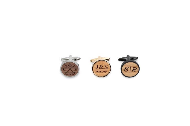 Wooden cufflinks personalized with initials and date engraving, gift for groom, black with wood walnut, cherry, oak image 8