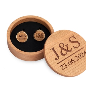 Wooden cufflinks personalized with initials and date engraving, gift for groom, black with wood walnut, cherry, oak