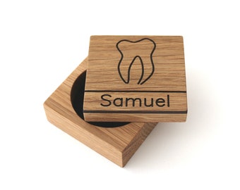 Tooth decanter for baby teeth with names made of wood Milk tooth box Curved box for the first curl with engraving personalized with name