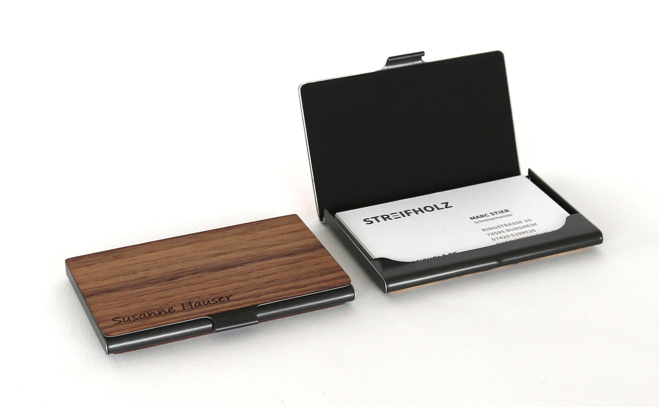 Business card holder with engraving made of wood