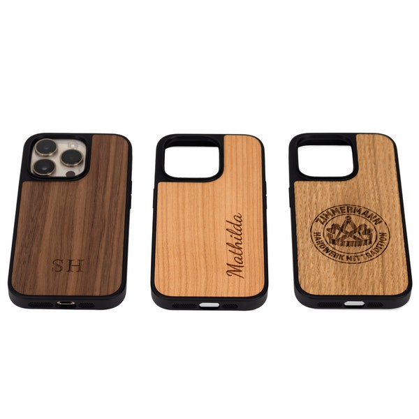 iPhone Hülle aus Holz mit Gravur personalisiert, iPhone 15, 14, 13, Pro, pro Max, Plus, mit Logo, Namen, Initialien individuell graviert