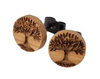 Stud earrings "Tree of Life" made of wood with different motifs to choose from, earring with engraving