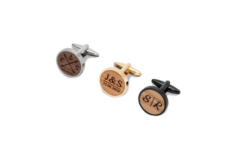 Wooden cufflinks personalized with initials and date engraving, gift for groom, black with wood walnut, cherry, oak image 4