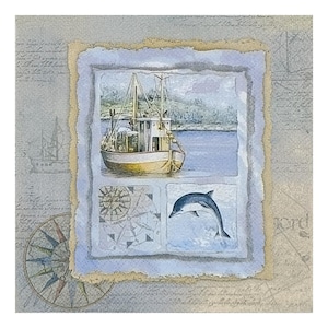 Tovaglioli di carta per decoupage, tecniche miste, journaling, creazione di biglietti, scrapbooking, collage, carta velina, barca da pesca, delfino, faro