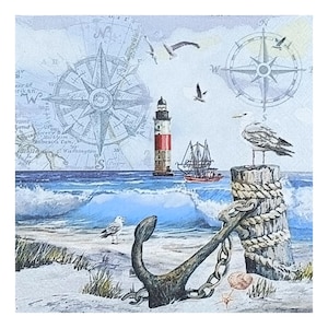 Papierserviette für Decoupage, Mixed Media, Journaling, Kartengestaltung, Scrapbooking, Collage, Bastelgewebe, Boot, Leuchtturm, Anker, Möwen