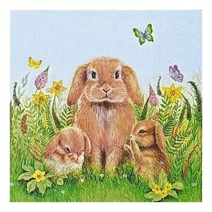 Paper Napkin for Decoupage, Mixed Media, Journaling, Card Making, Scrapbooking, Collage, Craft Tissue, Rabbits, Flowers, Butterflies, Grass
