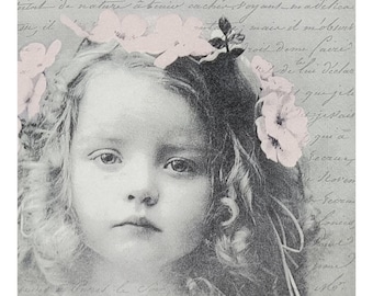 Vintage Mädchen mit Blumen Papierserviette für Decoupage, Mixed Media, Journaling, Collage, Bastelgewebe