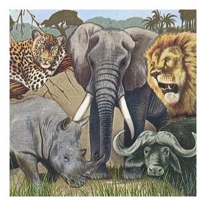 Paper Napkin for Decoupage, Mixed Media, Journaling, Card Making, Scrapbooking, Collage, Craft Tissue, Elephant, Lion, Rhinoceros, Buffalo