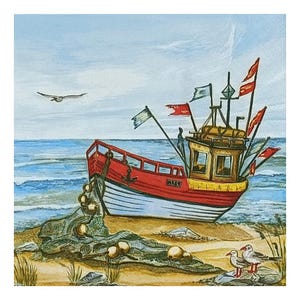 Tovaglioli di carta per decoupage, tecniche miste, journaling, creazione di biglietti, scrapbooking, collage, carta velina, barca da pesca, rete, mare, faro