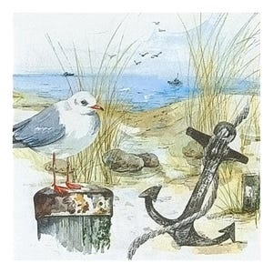 Papieren servet voor decoupage, gemengde techniek, journaling, kaarten maken, scrapbooking, collage, knutselpapier, zee, strand, anker, meeuwen