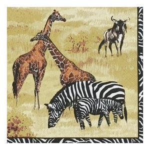 May include: A square napkin featuring an African savanna scene. Two giraffes with brown and tan patterned coats stand near two zebras with black and white stripes. A wildebeest is in the background. The border has a zebra stripe pattern.