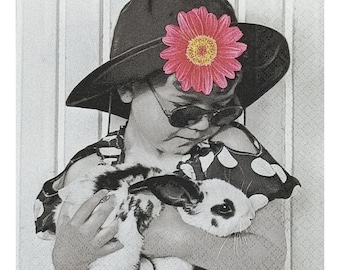 Mädchen mit Kaninchen, Papierserviette für Decoupage, Mixed Media, Journaling, Collage, Bastelgewebe