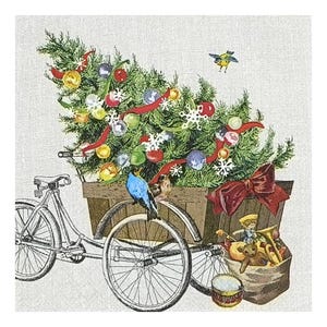 Papierserviette für Decoupage, Mixed Media, Journaling, Kartengestaltung, Scrapbooking, Collage, Bastelgewebe, Weihnachtsbaum, Fahrrad, Vögel, Spielzeug