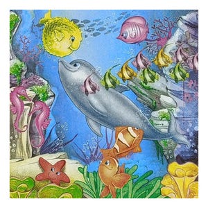 Papierserviette für Decoupage, Mixed Media, Journaling, Kartengestaltung, Scrapbooking, Collage, Bastelgewebe, Ozean, Fisch, Delfin, Pferdefisch