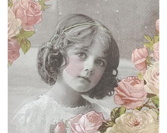 Vintage Mädchen Porträt, Rosen, Papierserviette für Decoupage, Mixed Media, Journaling, Collage, Bastelgewebe
