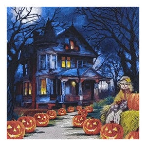Papieren servet voor decoupage, gemengde techniek, journaling, kaarten maken, scrapbooking, collage, knutselpapier, Halloween, pompoenen, spookhuis