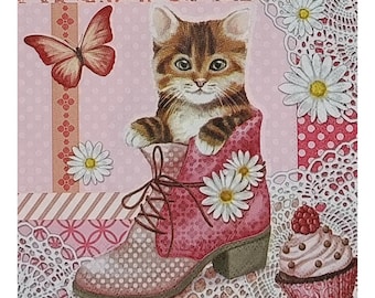 Cat in Shoe Paper Napkin for Decoupage, Mixed Media, Journaling, Collage, Craft Tissue