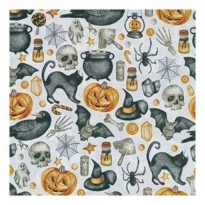 Papieren servet voor decoupage, gemengde techniek, journaling, kaarten maken, scrapbooking, collage, knutselpapier, Halloween, pompoenen, schedels, katten