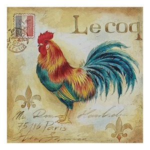 Papieren servet voor decoupage, gemengde techniek, journaling, kaarten maken, scrapbooking, collage, knutselpapier, vogel, haan, Frankrijk, briefkaart