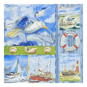 Papierserviette für Decoupage, Mixed Media, Journaling, Kartengestaltung, Scrapbooking, Collage, Bastelgewebe, Boote, Rettungsring, Muscheln, Möwen
