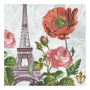 Serviettes en papier pour découpage, techniques mixtes, tenue d'un journal, fabrication de cartes, scrapbooking, collage, papier de soie artisanal, Paris, France, tour Eiffel, fleurs
