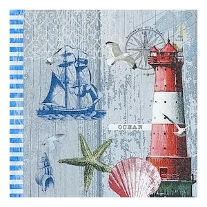 Serviettes en papier pour découpage, techniques mixtes, journalisation, fabrication de cartes, scrapbooking, collage, papier de soie artisanal, phare, coquillages, mouettes, bateau