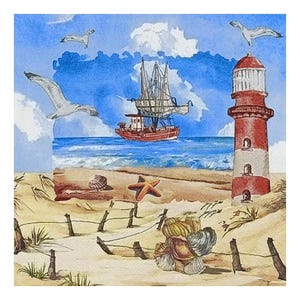 Tovaglioli di carta per decoupage, tecniche miste, journaling, creazione di biglietti, scrapbooking, collage, carta velina, barca a vela, faro, conchiglie