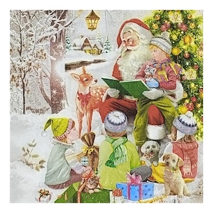 Tovaglioli di carta per decoupage, tecniche miste, journaling, creazione di biglietti, scrapbooking, collage, carta velina, Natale, Babbo Natale, bambini, foresta