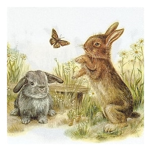 Paper Napkin for Decoupage, Mixed Media, Journaling, Card Making, Scrapbooking, Collage, Craft Tissue, Rabbits, Flowers, Butterflies