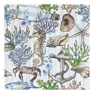 Tovaglioli di carta per decoupage, tecniche miste, journaling, creazione di biglietti, scrapbooking, collage, carta velina, vita marina, pesci, granchi, cavallucci marini, conchiglie