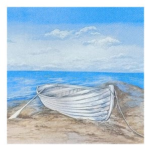 Papieren servet voor decoupage, gemengde techniek, journaling, kaarten maken, scrapbooking, collage, knutselpapier, boot, strand, oceaan, ligstoel
